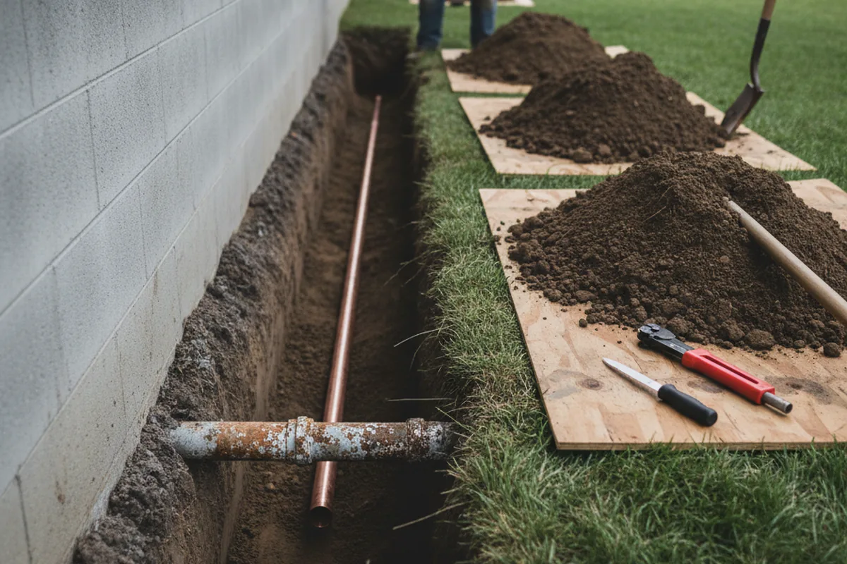 Excavated water line trench during Water Softener Installation in Altamont